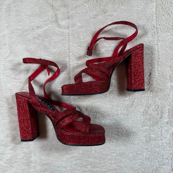 Vintage Y2K Bakers Red Glitter Platform Strappy Heels - Picture 1 of 5